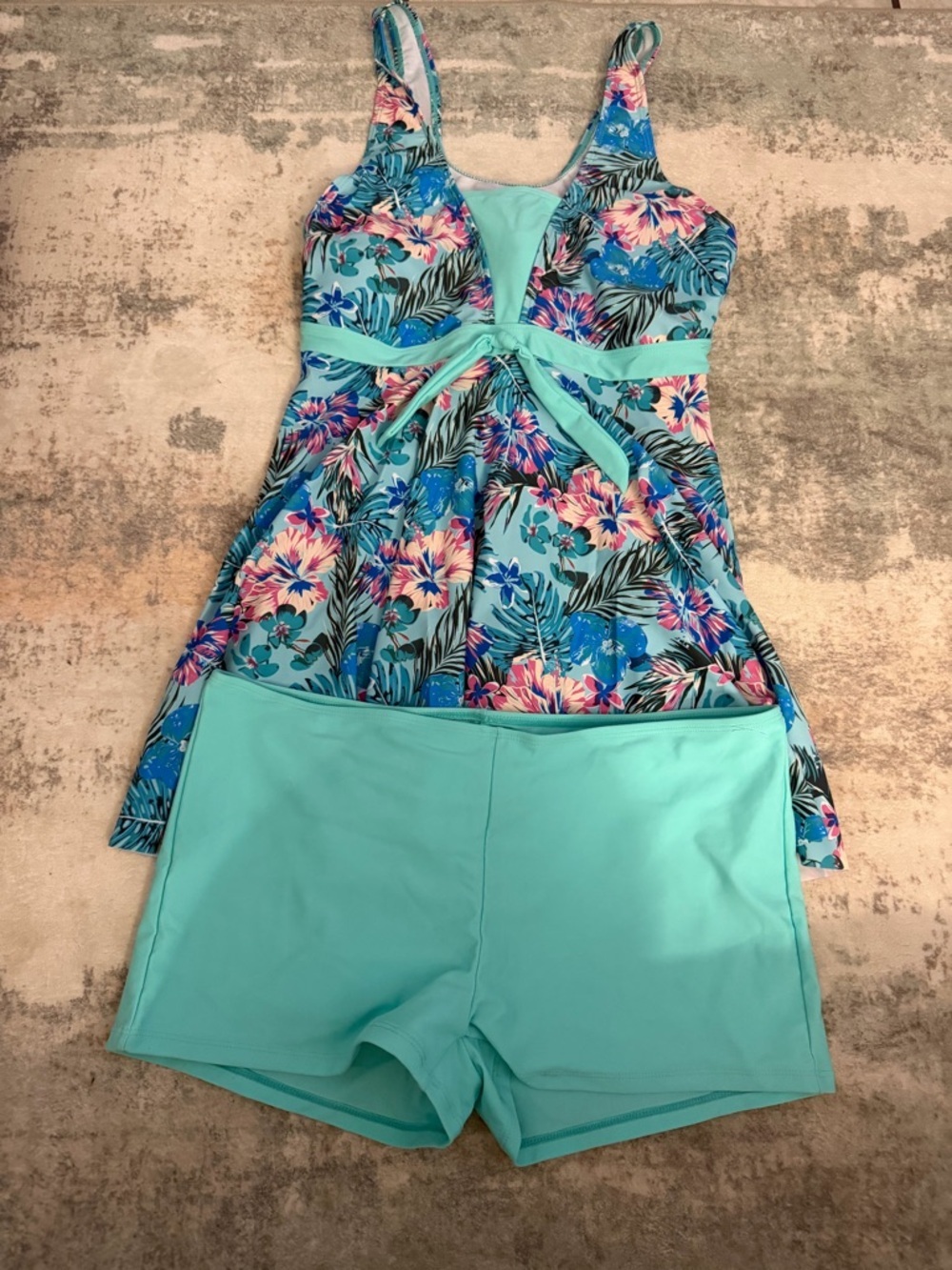 Teal Floral Pattern Bikini Shorts and Tank Set Sz XL